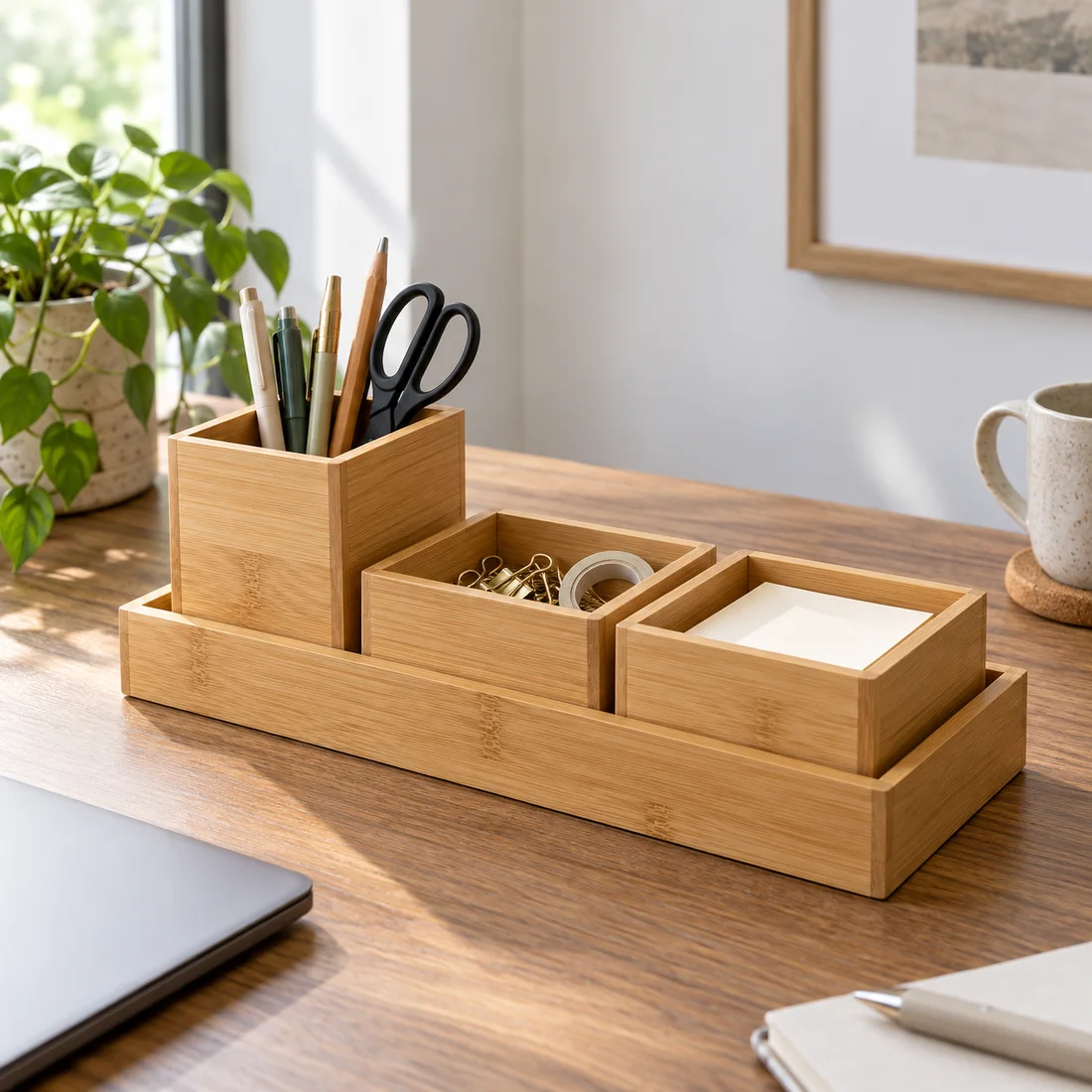 Practical bamboo desk organization